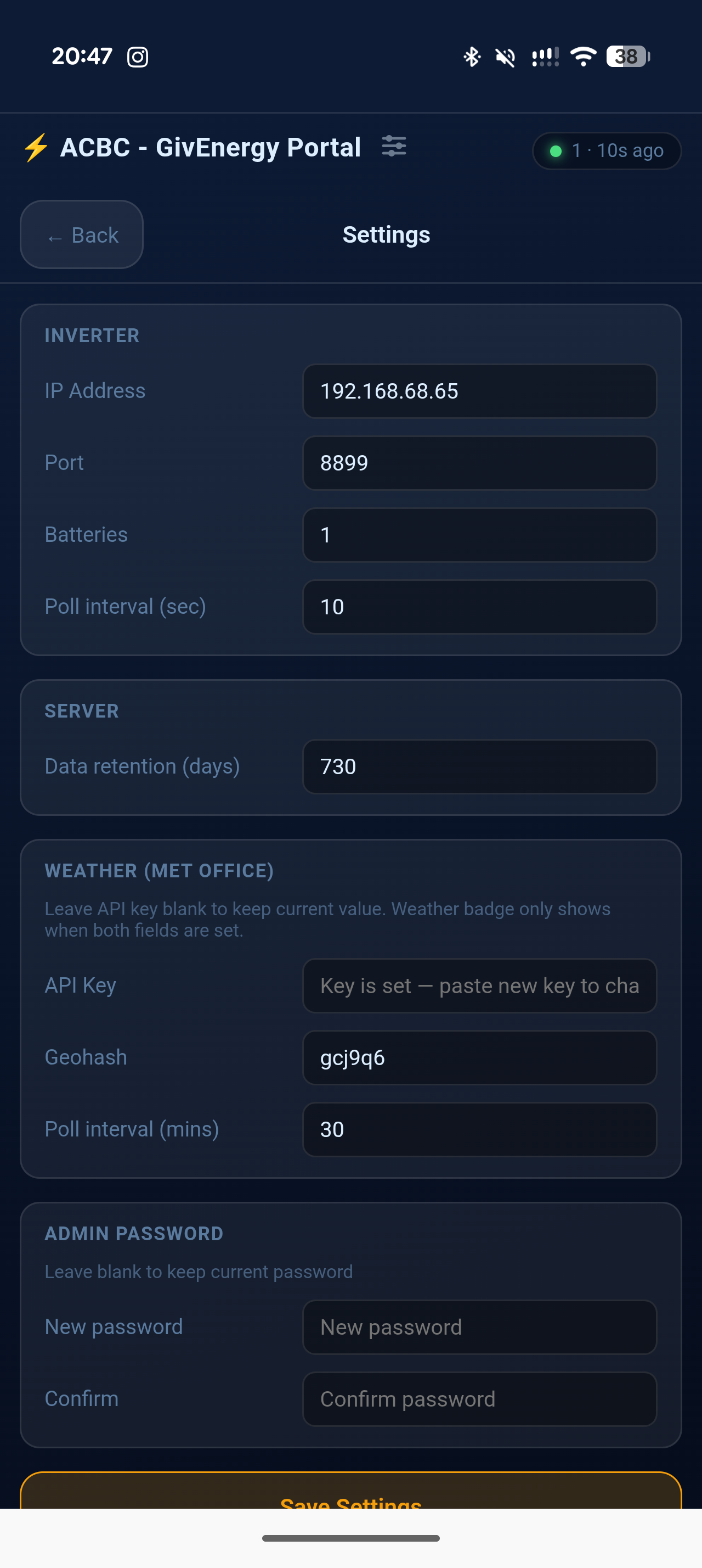 Settings screen