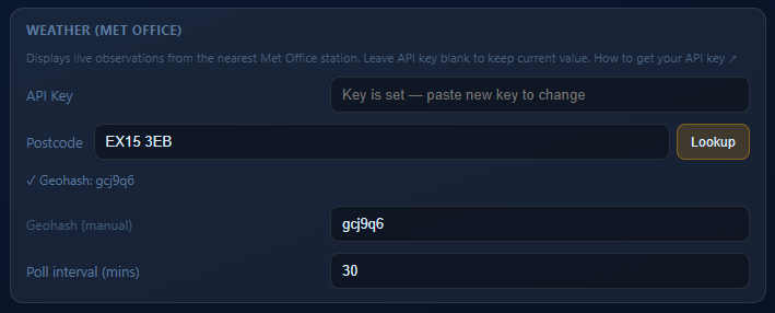 Weather settings section showing postcode EX15 3EB with a successful geohash lookup result